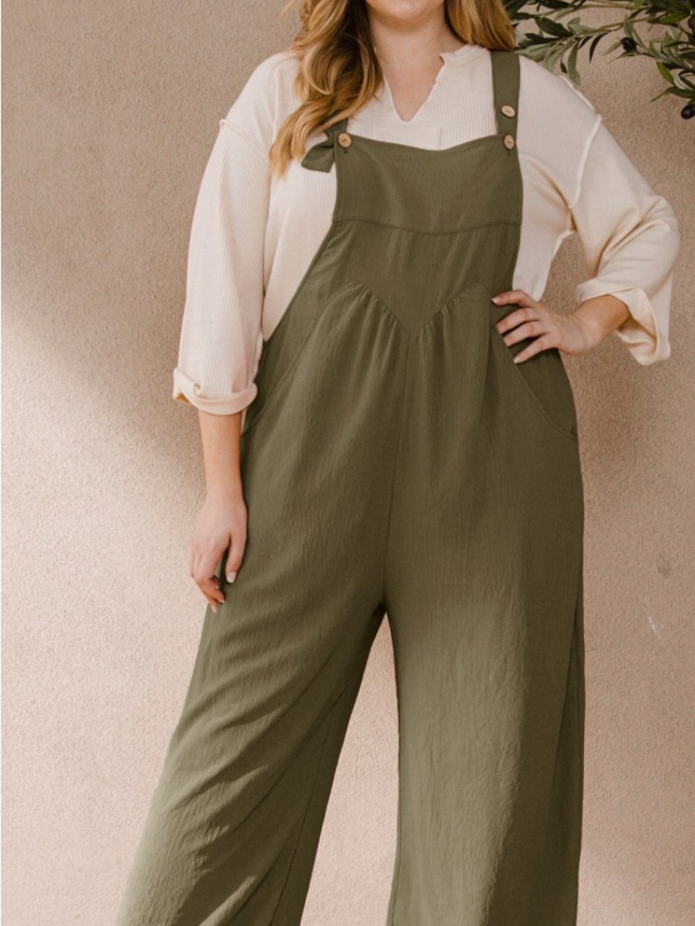 Olive Green Wide-Leg Cotton-Blend Overalls